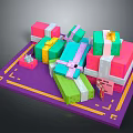 Colorful Gift Boxes Stacked On Purple Mat With Colorful Ribbons And Tags