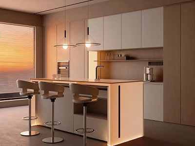 Modern Kitchen Open Bar Counter With Bar Stools Hanging Lights And Sunset View 3d model