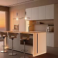 Modern Kitchen Open Bar Counter With Bar Stools Hanging Lights And Sunset View