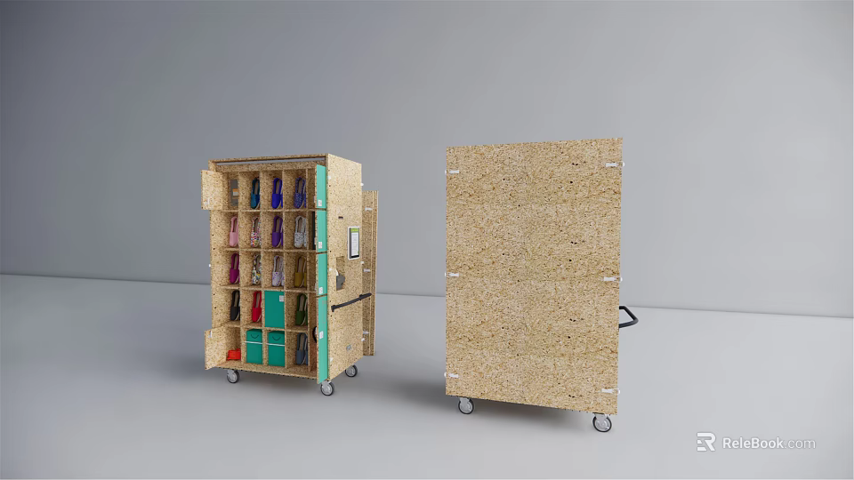 Modern Cork Shoe Cabinet With Wheels And Colorful Shoes Storage 3d model 