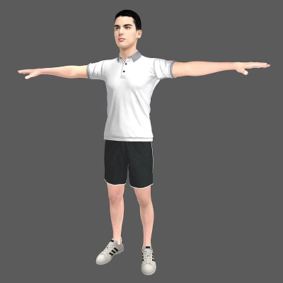 Man in White Polo Shirt and Black Shorts with Arms Outstretched Against Gray Background 3d model