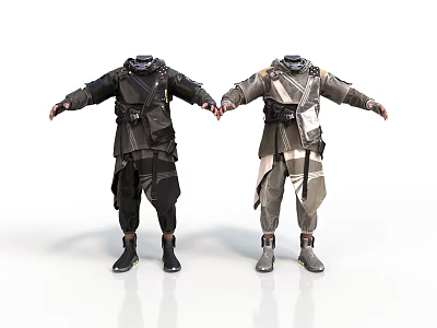 Futuristic Armor Suits In Dark And Light Gray With Detailed Design And Standing Poses 3d model