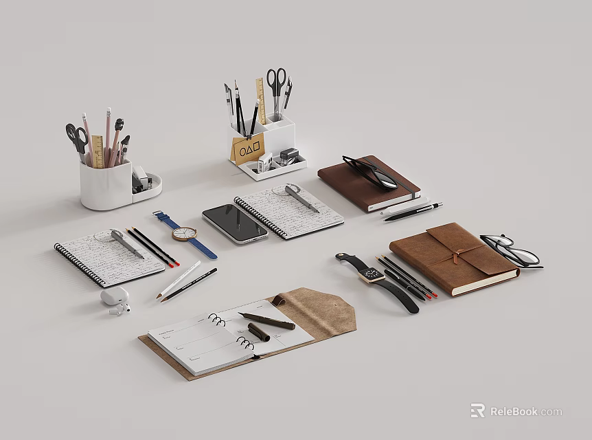 Office Desk Setup With Notebooks And Stationery Items 3d model