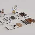 Office supplies notepad notebook notebook pen holder mobile phone watch pencil 3d model