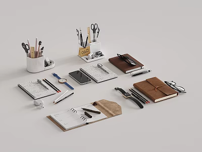 Office Desk Setup With Notebooks And Stationery Items 3d model
