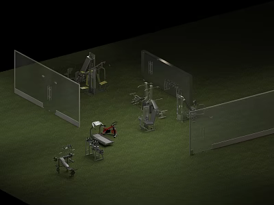 Professional Fitness Equipment Collection With Glass Partitions And Multiple Training Machines Setup 3d model