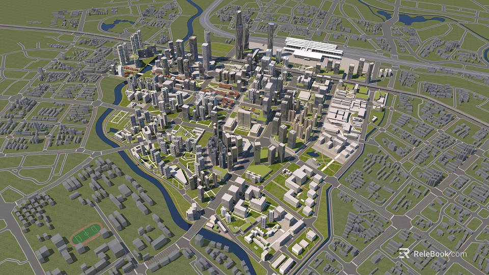 Aerial City Planning View Featuring High Rise Buildings River And Green Spaces 3d model 