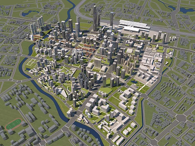 Aerial City Planning View Featuring High Rise Buildings River And Green Spaces 3d model