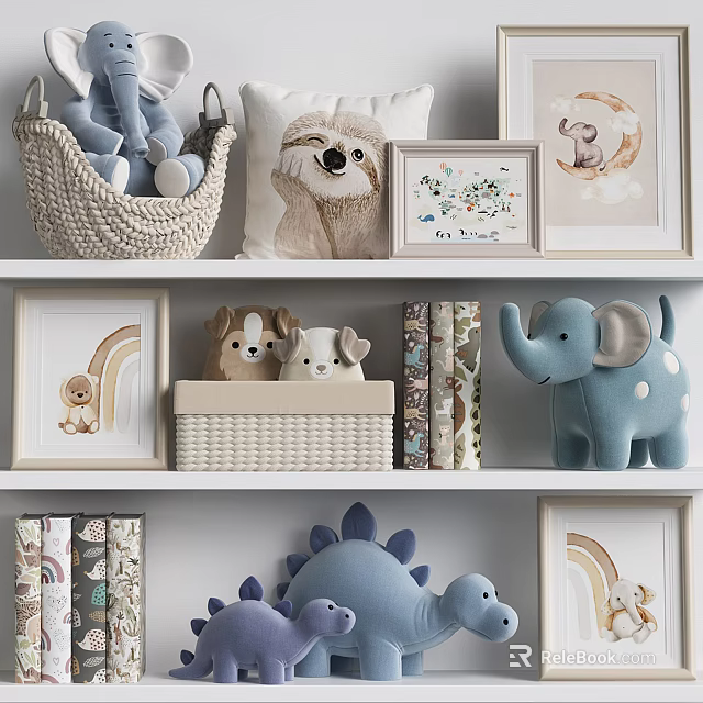 Plush Stuffed Toys Arranged On Shelves With Art And Baskets 3d model 