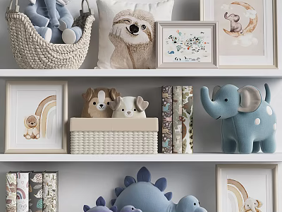 Plush Stuffed Toys Arranged On Shelves With Art And Baskets 3d model