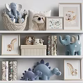 Plush Stuffed Toys Arranged On Shelves With Art And Baskets