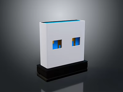 White Square Electronic Device With Two Windows Blue Yellow Elements And Black Base 3d model
