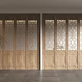 Elegant Chinese Wooden Screen Doors Interior With Hollow Patterns And Green Plant