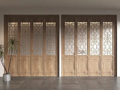 Elegant Chinese Wooden Screen Doors Interior With Hollow Patterns And Green Plant 3d model