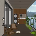Cozy Home Balcony With Wooden Flooring Laundry Area Outdoor Seating Green Plants And Mountain View