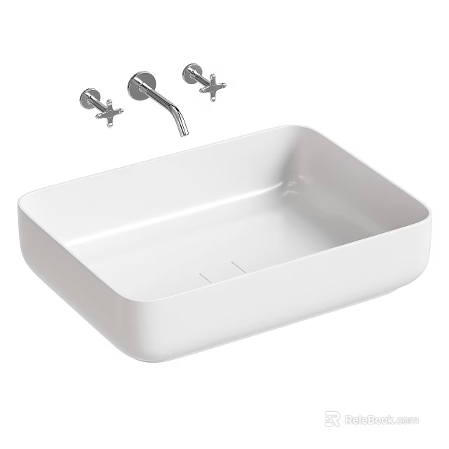 Modern White Square Minimalist Bathroom Washbasin With Wall Mounted Faucets Design 3d model 