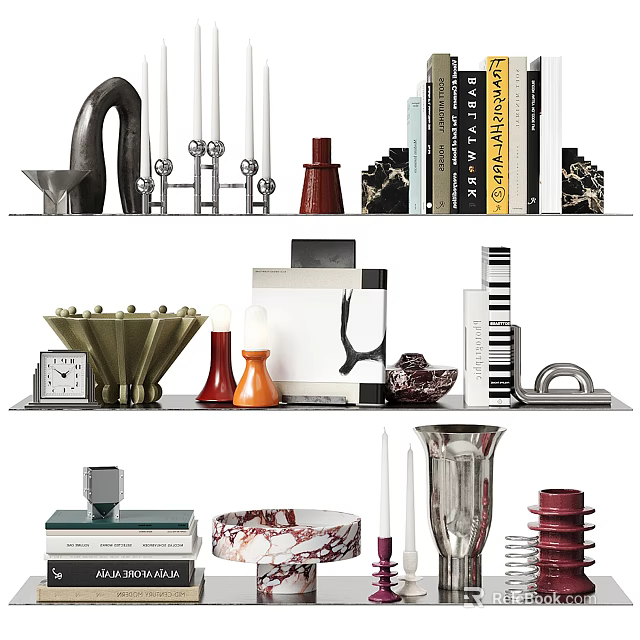 Modern Decorative Ornament Set For Shelf Display With Vases Sculptures And Candle Holders 3d model 