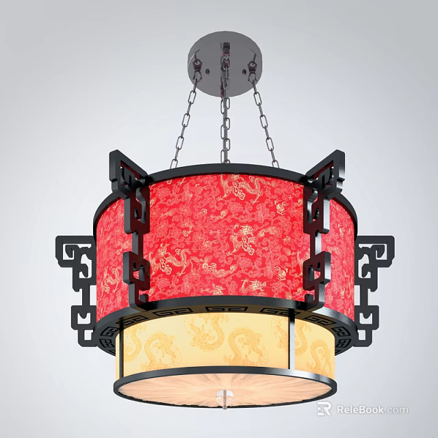 Chinese Style Chandelier With Red Dragon Pattern Shade Black Frame And Yellow Lower Shade 3d model 