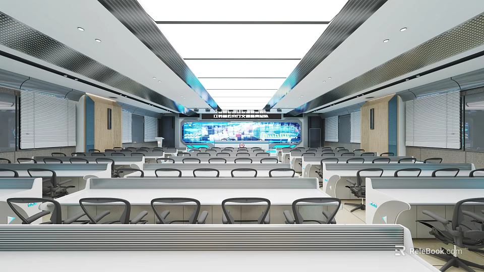 Modern Service Hall Interior With Rows Of Seats Service Counters And Digital Display Screens 3d model 