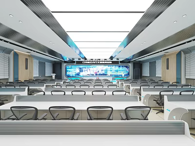 Modern Service Hall Interior With Rows Of Seats Service Counters And Digital Display Screens 3d model