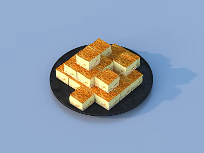 Golden Brown Layered Square Pastries Stacked On Black Plate With Light Blue Background 3d model