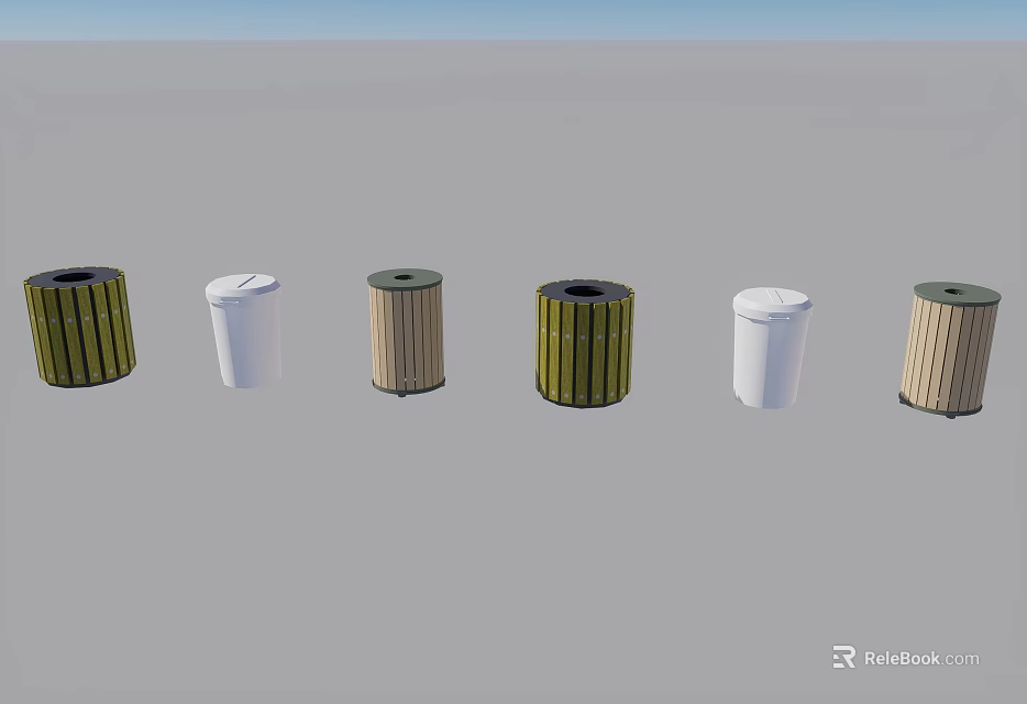 Public Trash Bins With Various Designs Including Wooden And Green Striped Styles 3d model 