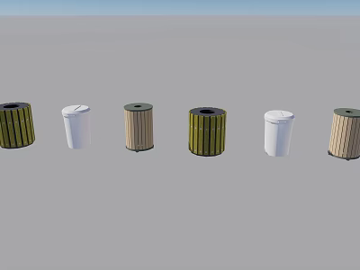 Public Trash Bins With Various Designs Including Wooden And Green Striped Styles 3d model