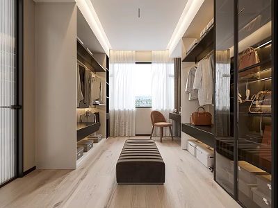 Modern Walk In Closet With Glass Cabinets Bench And Natural Light 3d model