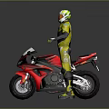 Red Black and White Sport Motorcycle With Rider in Yellow Racing Suit and Helmet