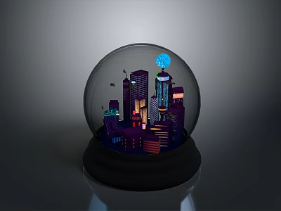 Illuminated Decorative Snow Globe With Mini City Buildings And Black Base 3d model