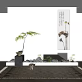 Indoor Garden Feature With Stones Small Plants Palm And Lotus Painting