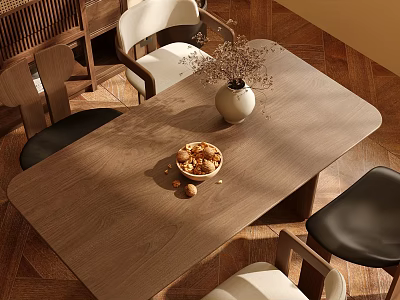 Modern Wooden Dining Table Set with Black White Chairs Vase and Nuts Bowl on Wooden Floor 3d model