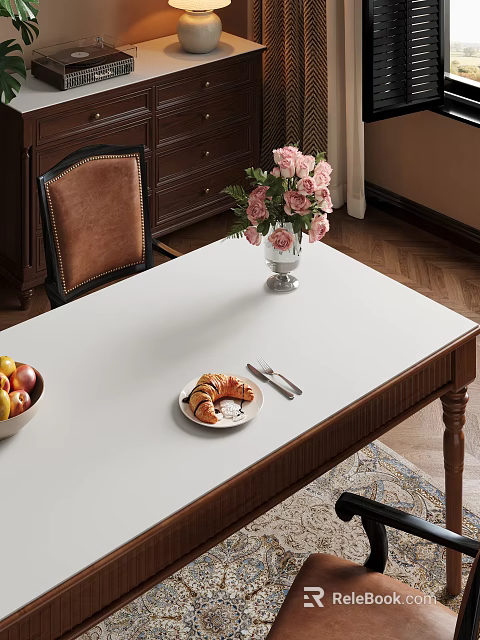 Cozy Restaurant Table With Pink Flowers Vase Croissant Fruit Bowl Leather Chair And Wooden Floor 3d model 