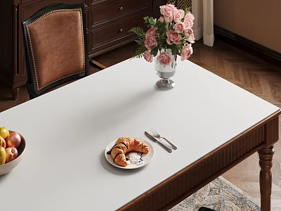 Cozy Restaurant Table With Pink Flowers Vase Croissant Fruit Bowl Leather Chair And Wooden Floor 3d model