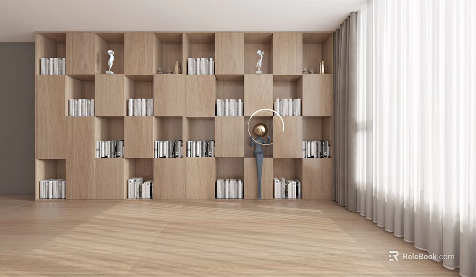 Modern Wooden Bookshelf With Multiple Compartments Books Round Lamp Wooden Floor And Curtains 3d model 