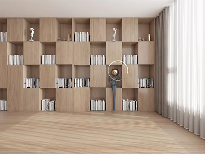 Modern Wooden Bookshelf With Multiple Compartments Books Round Lamp Wooden Floor And Curtains 3d model