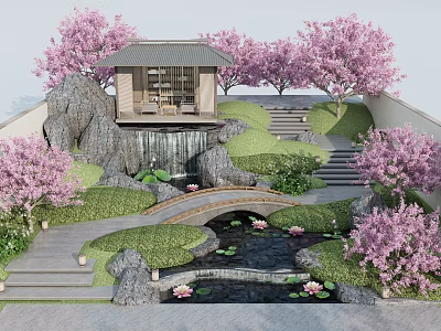 Rockery Stones Garden Landscape With Cherry Blossom Trees Waterfall Small Bridge And Lotus Pond 3d model