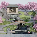 Rockery Stones Garden Landscape With Cherry Blossom Trees Waterfall Small Bridge And Lotus Pond