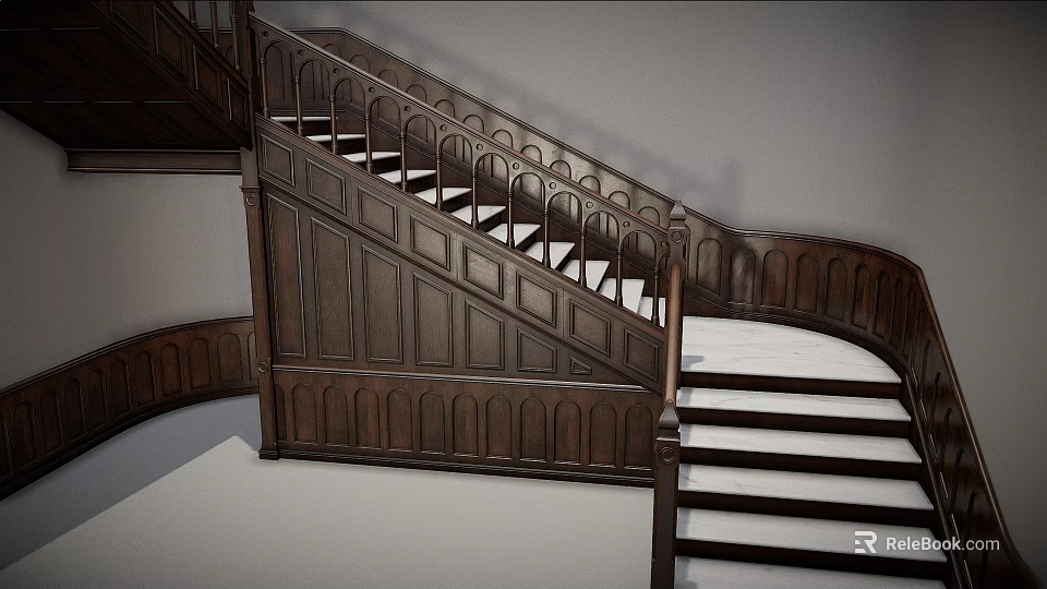 Classic Wooden Spiral Staircase With Carved Railings And Paneled Walls 3d model 