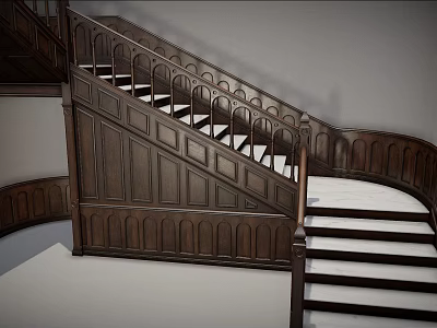 Classic Wooden Spiral Staircase With Carved Railings And Paneled Walls 3d model
