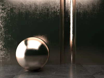 Golden Sphere Wall Lamp With Metal Column On Dark Textured Wall And Stone Floor 3d model