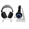 Modern Gaming Headphones with Blue LED Light on Transparent Stand and Built-in Mic