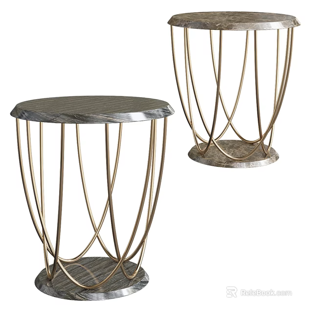 Modern Gold Metal Frame Side Table with Elegant Marble Top and Geometric Design 3d model 
