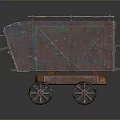 Vintage Metal Mining Cart With Rustic Red Brown Finish And Wooden Spoke Wheels