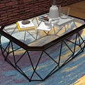Modern Coffee Table With Glass Top Black Geometric Frame Lamp Glass Cup Magazine Colorful Carpet