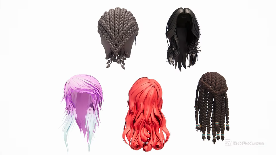 Different Colorful Hair Wig Hanging Decorations with Braided Curly Straight Styles 3d model 