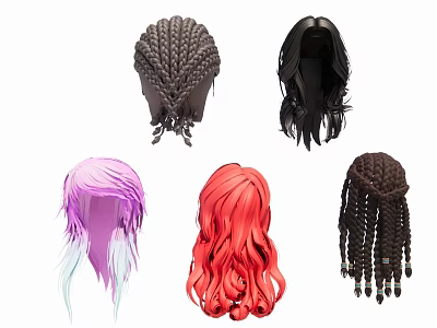 Different Colorful Hair Wig Hanging Decorations with Braided Curly Straight Styles 3d model