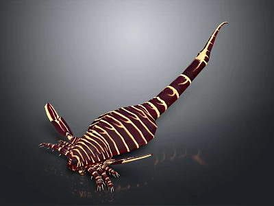 3D Rendered Fantasy Creature With Red And Gold Striped Body Long Tail And Clawed Limbs 3d model