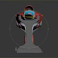 Colorful SciFi Style Toy Gun Prototype With Red White Yellow Blue Accents On Gray Stand