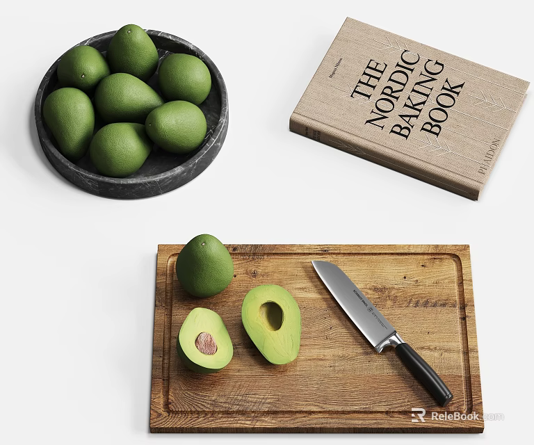 Fresh Green Avocados on Black Plate Whole and Halved on Wooden Cutting Board with Knife 3d model 